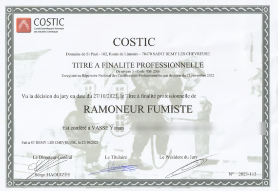 Titre professionnel de ramoneur fumiste délivré par le COSTIC